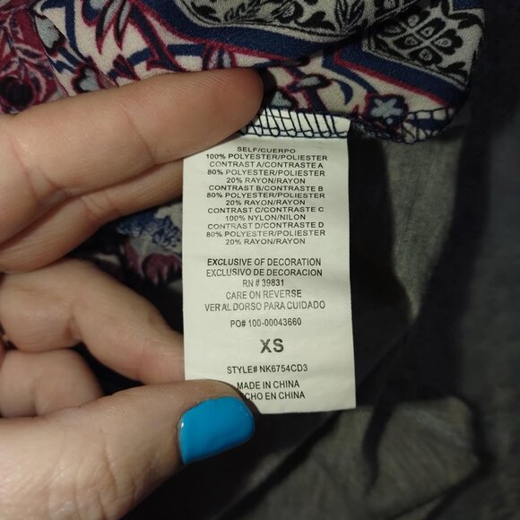 Women's XS Boho Patchwork Blue Print Lace Back Raglan Top 3/4 Sleeve Blouse - Picture 8 of 9